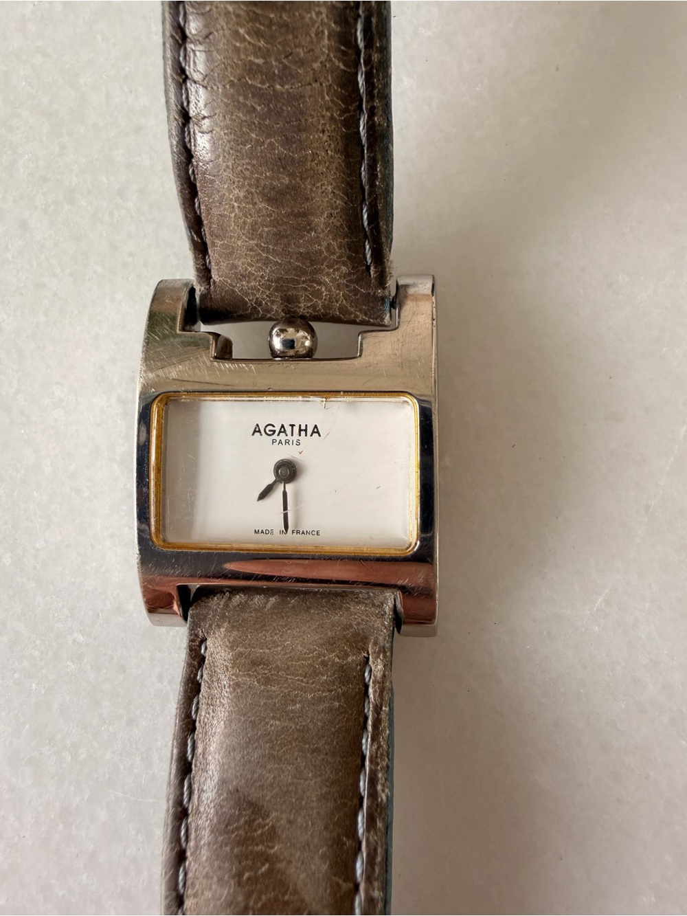 Agatha Paris Rectangular Silver Watch with Taupe Leather Strap